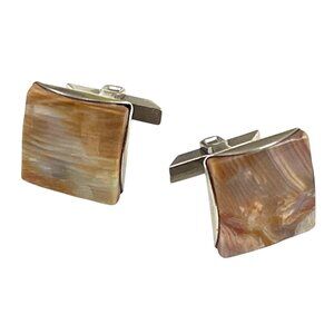 Vintage Silver-Tone & Brown Swirled Rectangular Cufflinks For Men